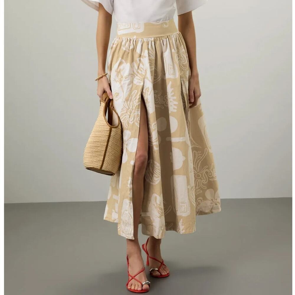 Rodebjer Taemoo Print Skirt Side Slit Maxi A-Line Organic Cotton Tan & White S